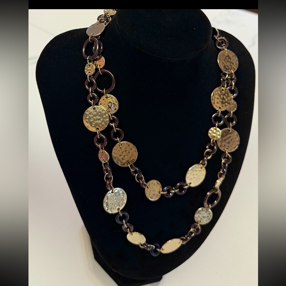 Vintage Jones NY Necklace Gold Hammered Disks & Acrylic Copper Links
